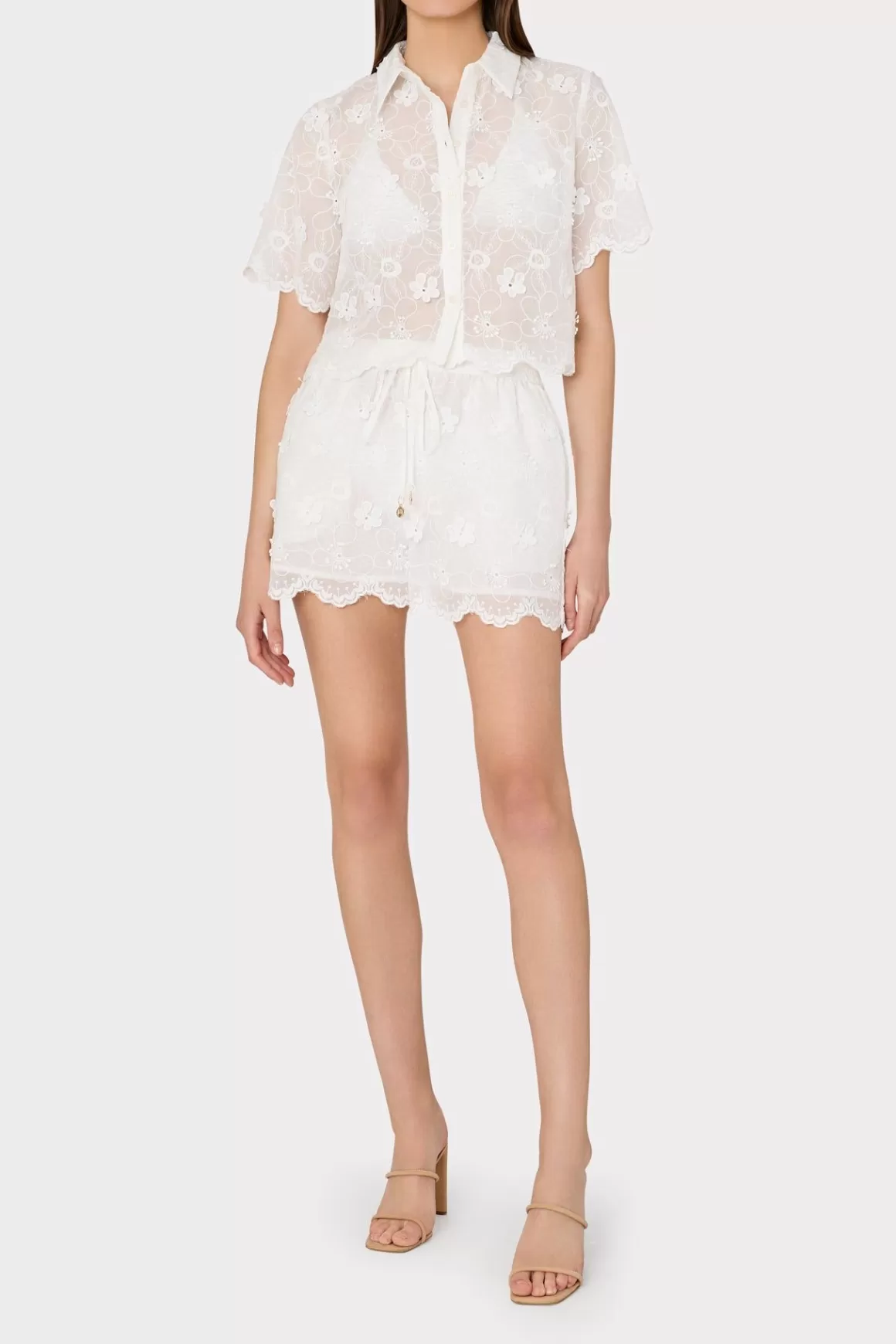 MILLY Jumpsuits & Rompers-3D Floral Cotton Eyelet Button Up Top White