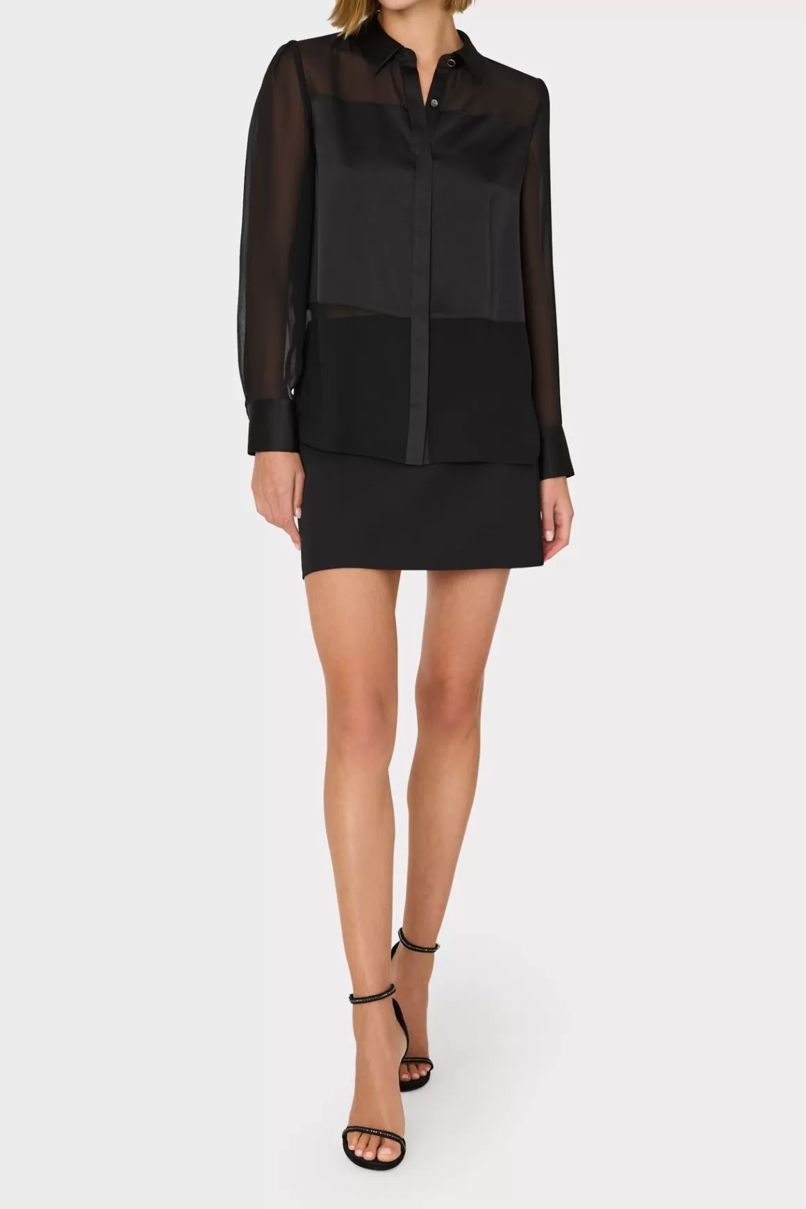 MILLY Tops-Andy Satin Combo Button Up Blouse Black