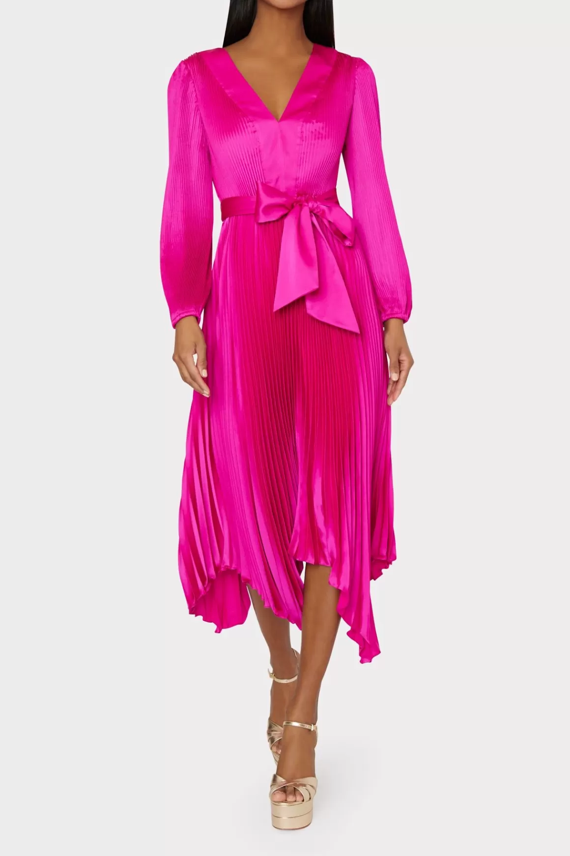 MILLY Maxi Dresses-Liora Satin Pleated Dress Fuchsia