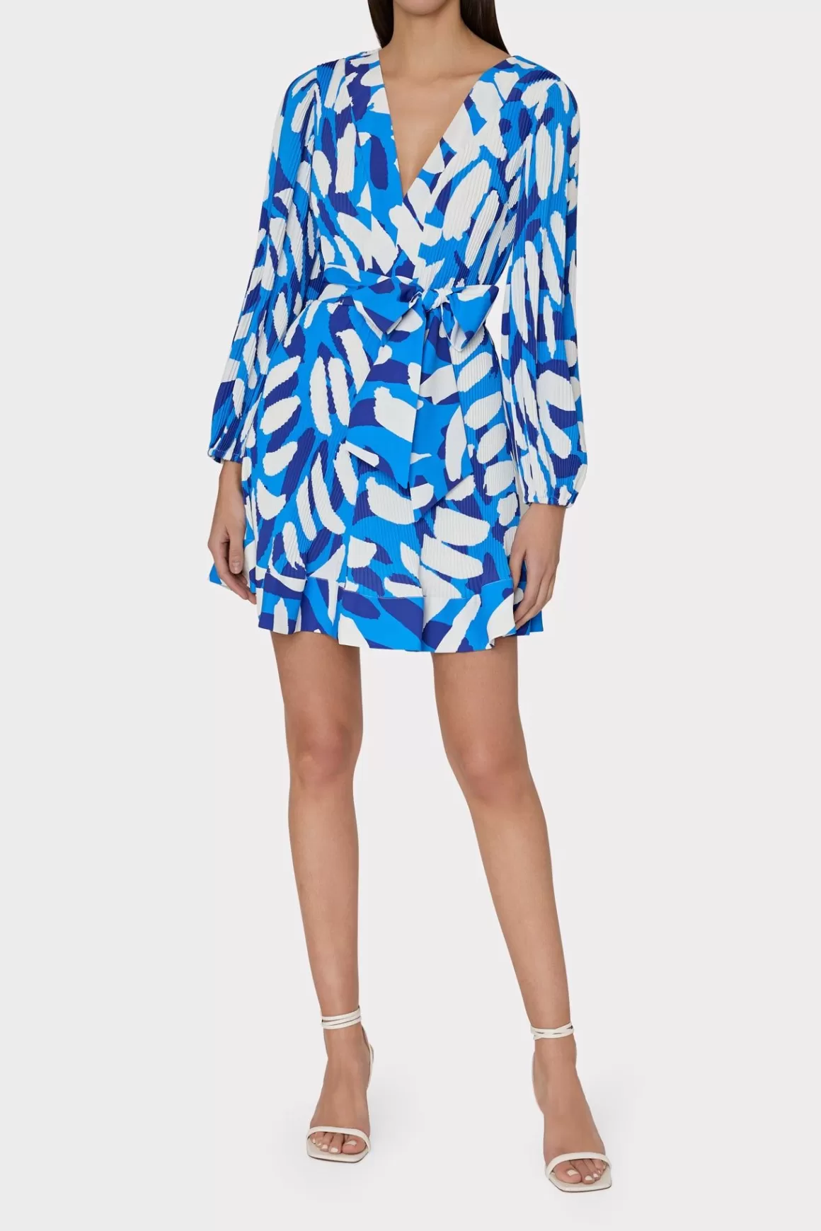 MILLY Mini Dresses-Liv Brushstroke Pleated Dress Blue Multi