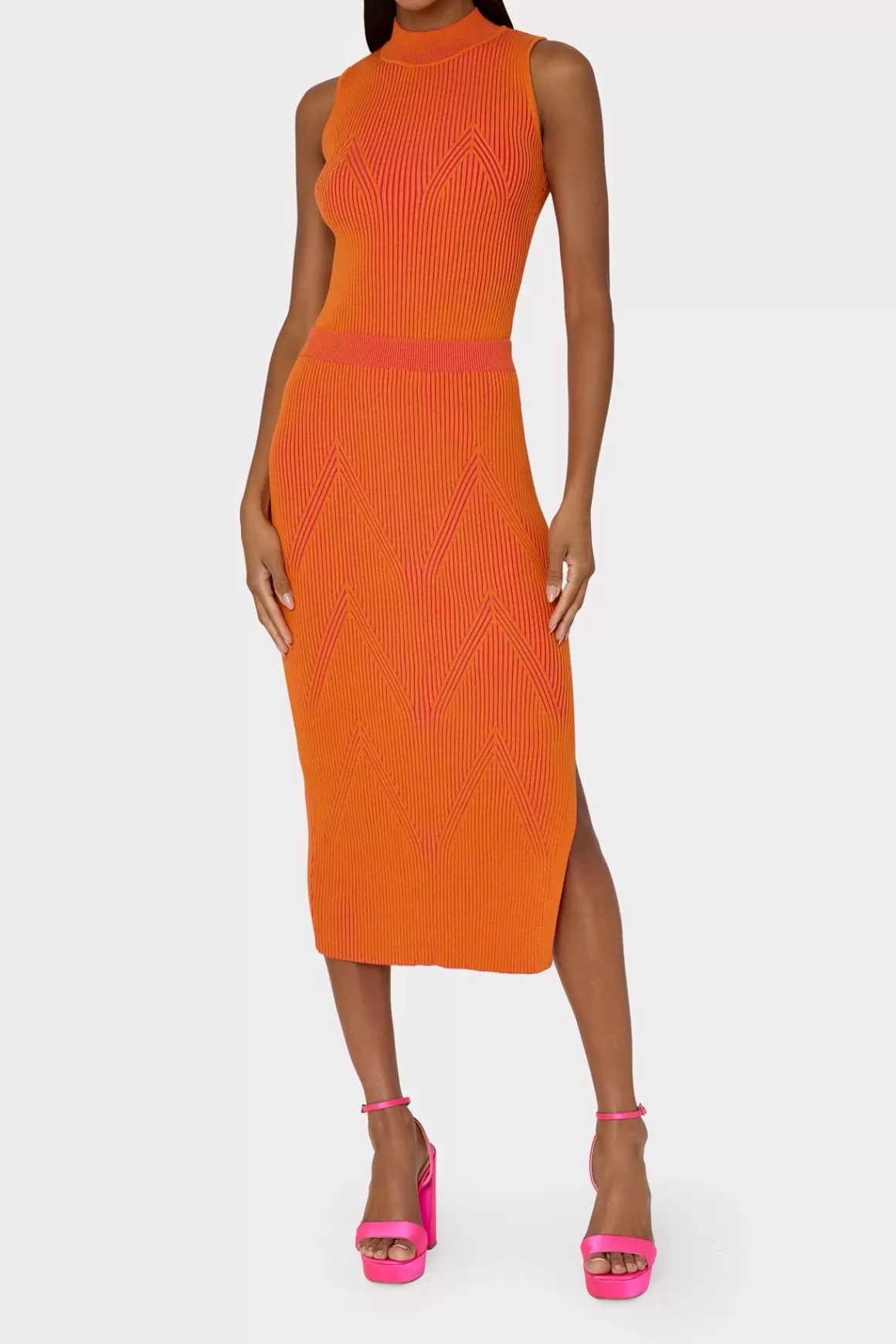 MILLY Sweaters & Knits-Plaited Knit Midi Skirt Pink/Coral