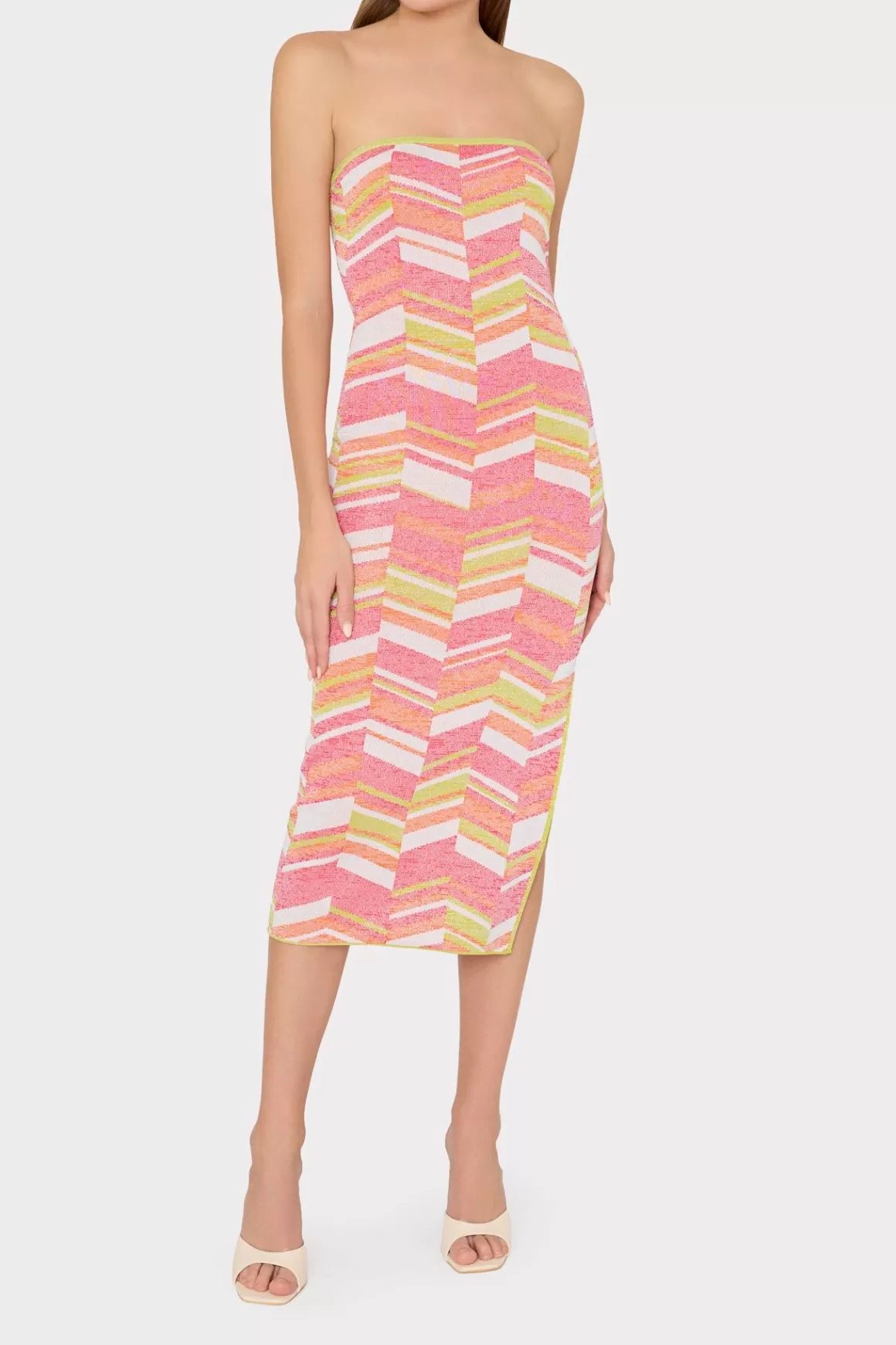 MILLY Jumpsuits & Rompers-Strapless Multicolor Chevron Knit Dress Chartreuse Multi