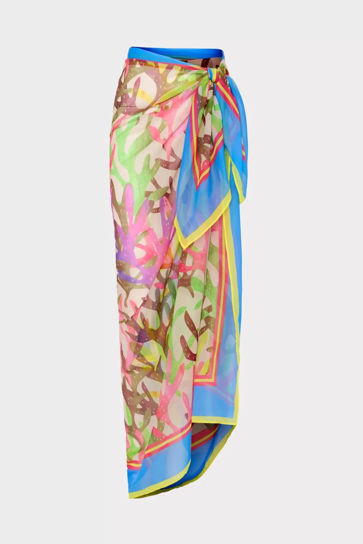 MILLY Cover-Ups-Watercolor Caribbean Coral Chiffon Sarong Green Multi