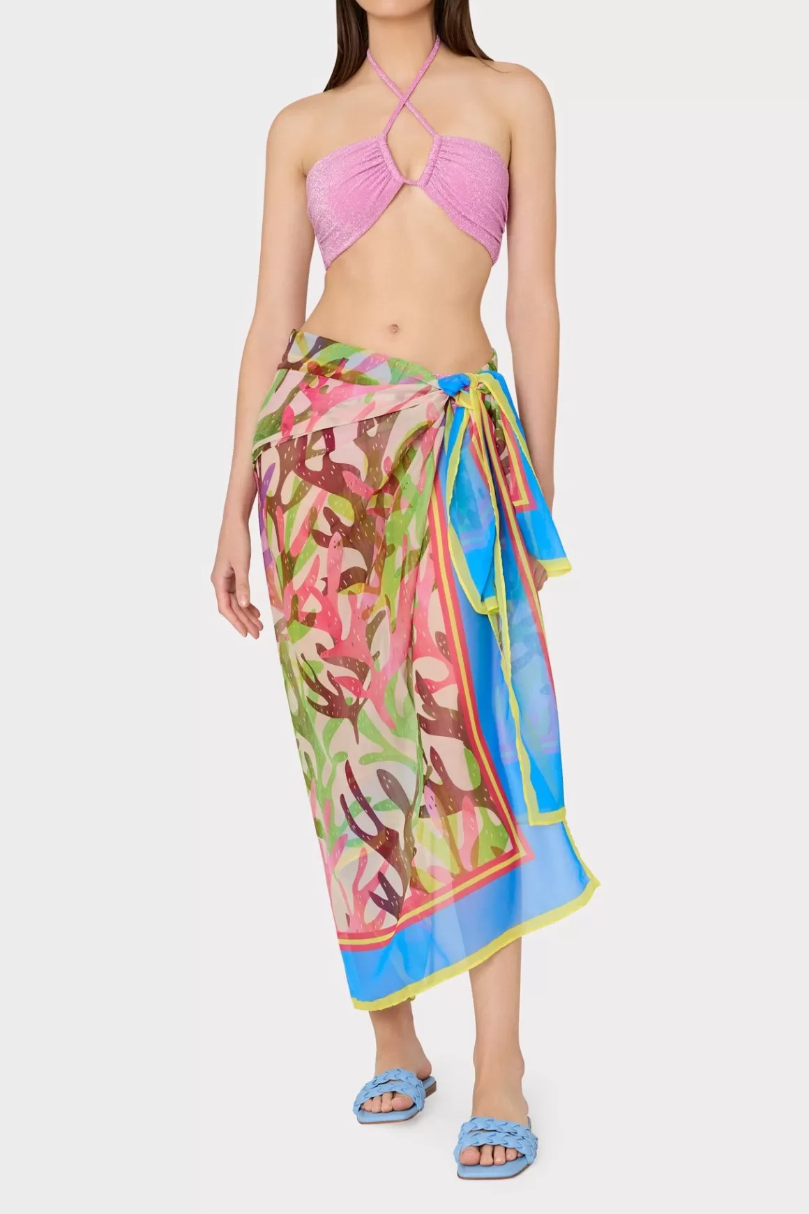 MILLY Cover-Ups-Watercolor Caribbean Coral Chiffon Sarong Green Multi